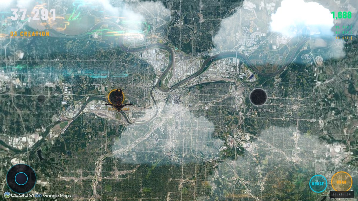 Mid-dive gameplay: the diver captures an amber affiliate tool ring 37 km above Kansas City, clouds and live satellite terrain below